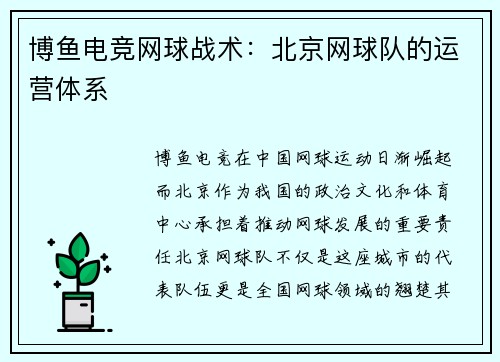 博鱼电竞网球战术：北京网球队的运营体系