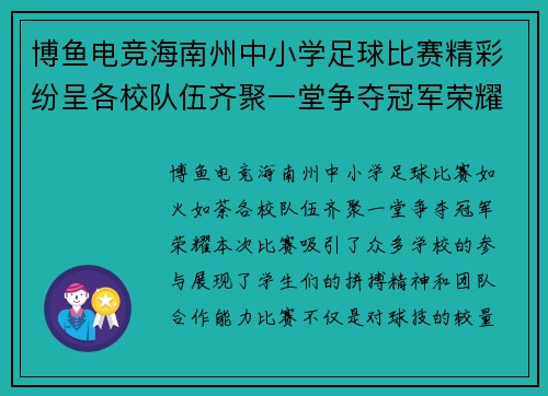 博鱼电竞海南州中小学足球比赛精彩纷呈各校队伍齐聚一堂争夺冠军荣耀